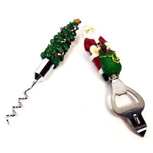 Boston Warehouse Christmas Bartending Set Santa Opener Christmas Tree Corkscrew
